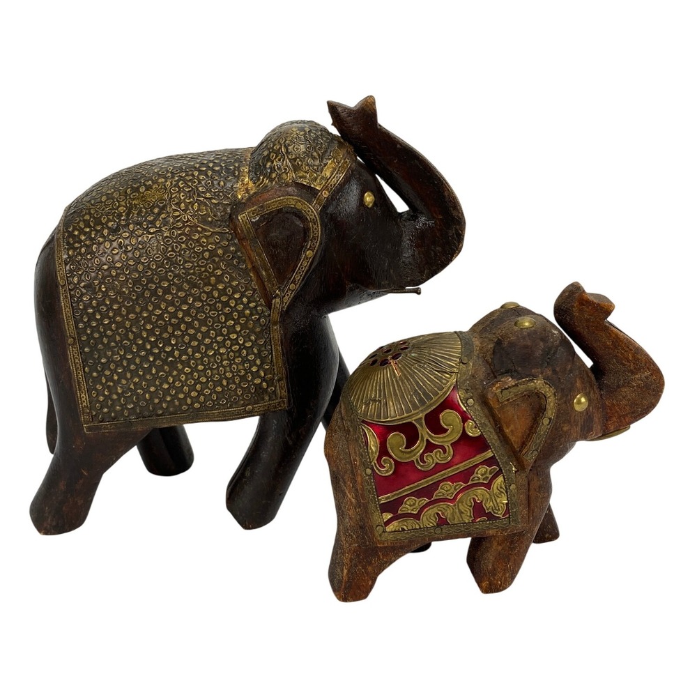 Vintage Hand Carved Wood Elephant Figurines Lot of 2 Brass Inlay Accents Decor